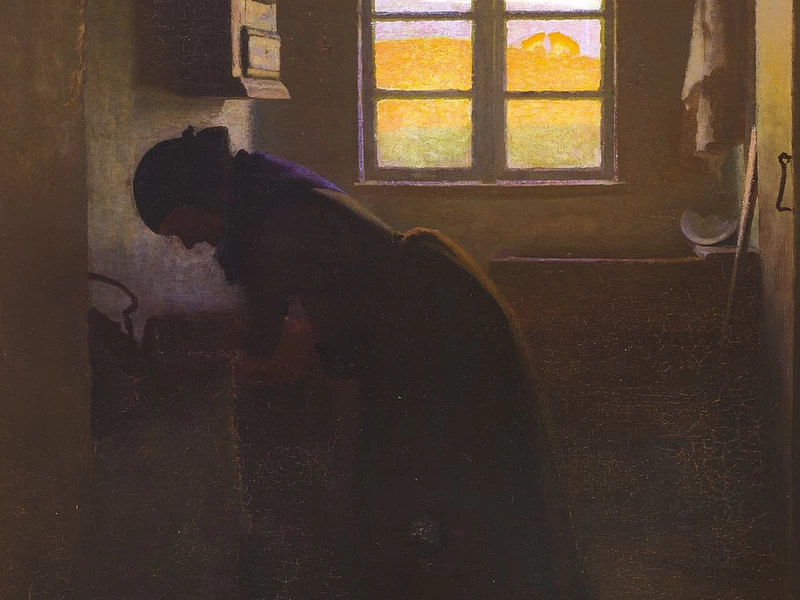 1864-Valdemar Christian Schønheyder Møller - Interno della cucina con moglie impegnata al tramonto